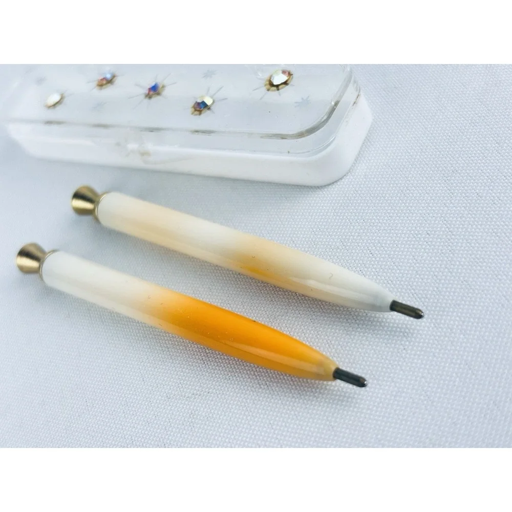 Vintage MCM Peach White Jewel Plastic Pen Set Rhinestone Case Mini‎ Purse Travel